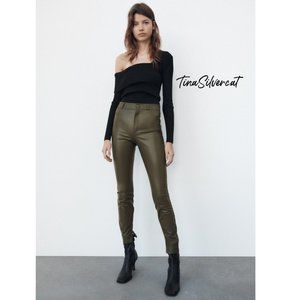 Zara High Waisted Faux Leather Leggings Pants Taupe Green Sz XS, S NWT